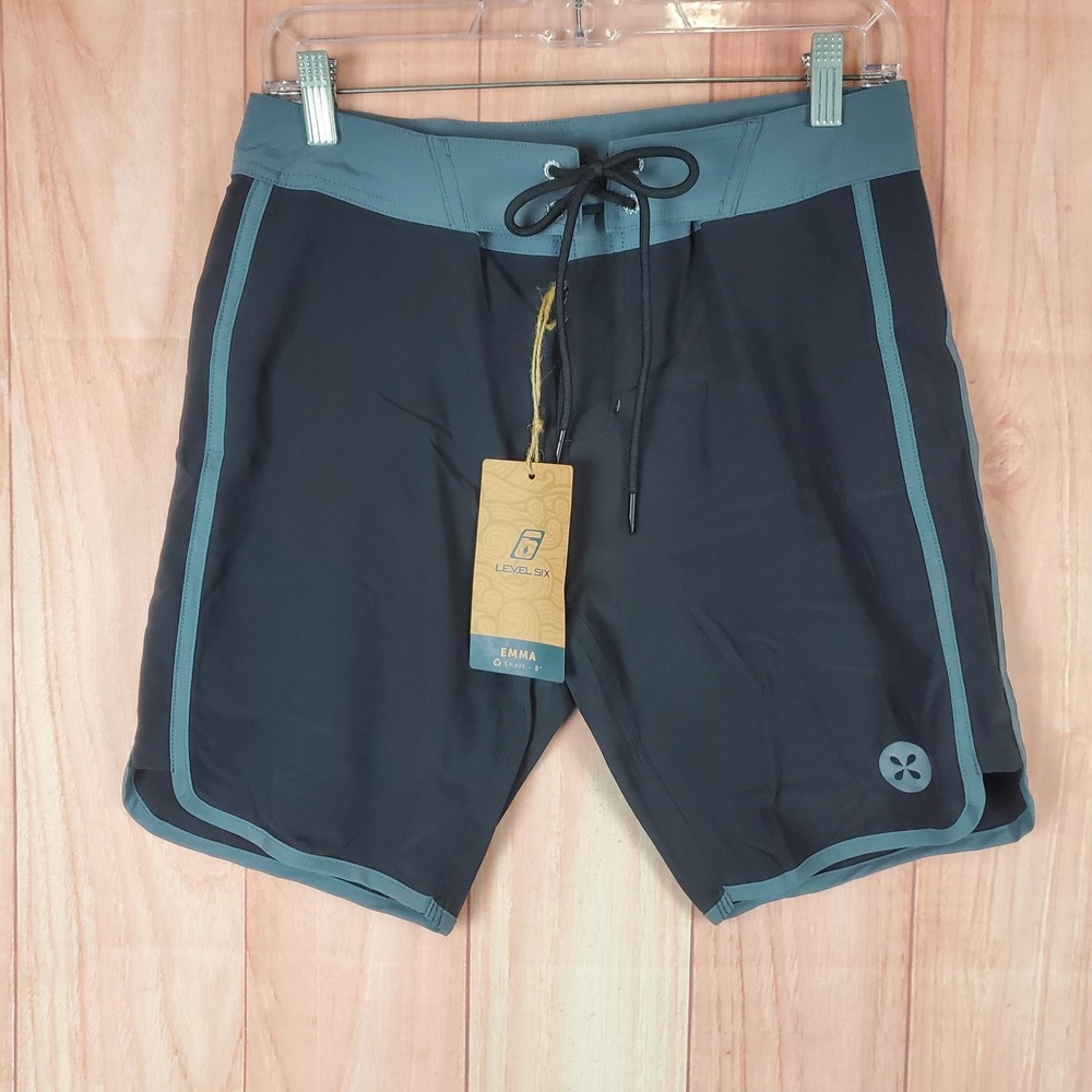 Level Six Classic Surfer Emma Board Shorts Womens 4 Black Gray Stretch Quick Dry